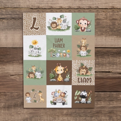 Couverture personnalisée avec nom d'animaux de safari mignons, couverture d'animaux de la jungle de dessin animé pour bébé, décoration de chambre d'enfant, cadeau de baby shower/anniversaire pour nouveau-né/bébé