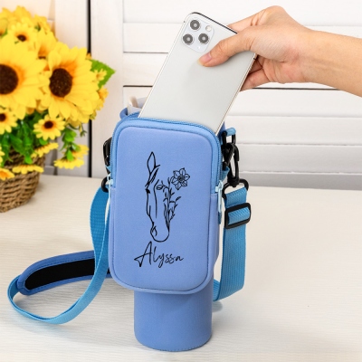 Personalized Name Horse Birth Flower Tumbler Carrier Bag with Pouch, Cup Holder Pouch with Strap, Compatible with 40oz Tumbler, Gift for Horse Lover