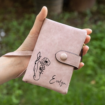 Personalized Name Birth Flower Horse Design Tri-Fold Wallet, PU Leather Card Holder with Wrist Strap, Birthday/Christmas Gift for Women/Horse Lovers