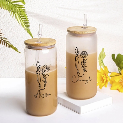 Custom Name Birth Flower & Horse 20oz Tumbler, Frosted/Clear Glass Cup with Straw & Bamboo Lid, Mother's Day/Birthday Gift for Mom/Wife/Horse Lovers