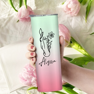 Custom Name Birth Flower & Horse Line Gradient Tumbler, 20oz Stainless Steel Travel Mug with Straw, Birthday/Christmas Gift for Horse Lovers/Mom/Her