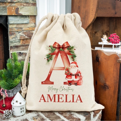 Personalized Name & Initial Xmas Treat Gift Bag with Santa, Santa Sack with Drawstring, Christmas Party Decor, Christmas Gift for Family/Kids