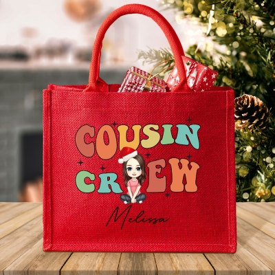 Personalized Christmas Cartoon Character Cousin Crew Jute Tote Bag, Custom Red Christmas Gift Bag with Name, Christmas Gift for Adult/Kid