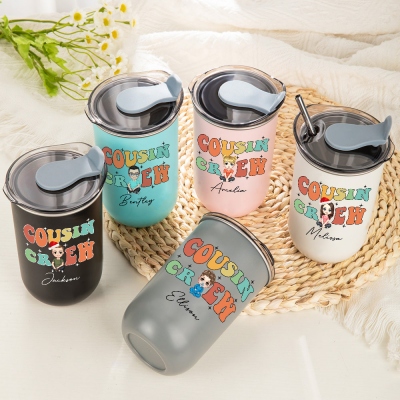 Custom Christmas Cartoon Character Cousin Crew Travel Tumbler, 12oz Stainless Steel Tumbler with Straw & Lid, Christmas Gift for Adult/Kid/Family