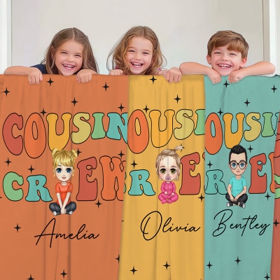 Personalized Christmas Cartoon Character Cousin Crew Blanket, Custom Name Multicolor Christmas Throw Blanket, Christmas Gift for Kid/Adult/Family