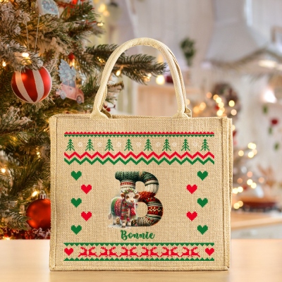 Personalized Name Initial Animal Wearing Christmas Sweater Design Tote Bag, Large Capacity Jute Bag with Handle, Christmas Gift for Women/Kids/Family