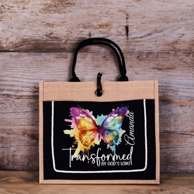 Custom Name Colorful Butterfly Tote Bag, Transformed by God's Love Jute Bag, Christian Bible Study Spiritual Bag, Födelsedags-/julpresent för kvinnor