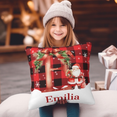 Personalized Initial & Name Santa Claus Checkerboard Pattern Throw Pillow, Pillowcase with Optional Insert, Christmas Gift for Friends/Family/Kids