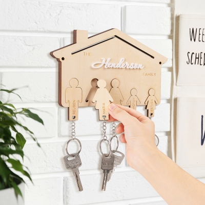 Gepersonaliseerde familienamen houten sleutelhanger, aan de muur bevestigde sleutelhanger, sleutelhouder, woondecoratie voor entree/gang, cadeau voor familie/moeder/vader