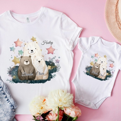 Custom Name Family Bears Pattern Mom and Baby Set, 100% Cotton Mom T-Shirt & Baby Bodysuit, Baby Shower Gift/Christmas for Newborn/Infants/New Moms