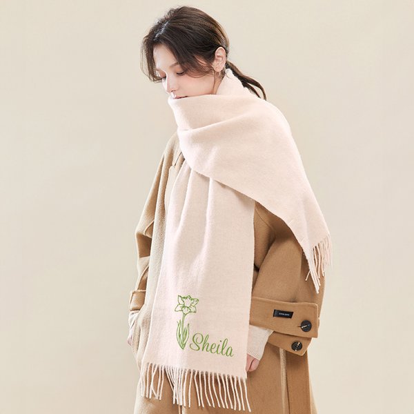 Personalized Embroidered Birth Flower Name Scarf, Multicolor Super Soft Warm Scarf, Birthday Christmas Winter Gift for Couple Family