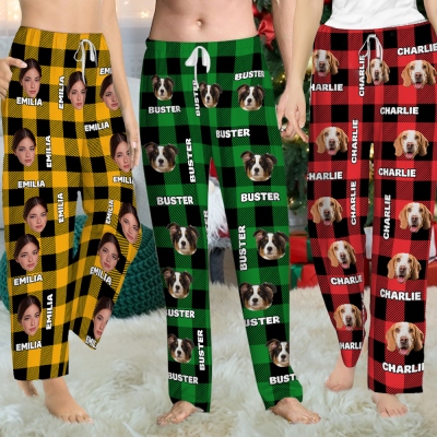 Personalized Pet/People Name Portrait Colorful Plaid Pajama Pants, Loose Drawstring Lounge Pants, Birthday/Christmas Gift for Men/Women/Pet Lovers