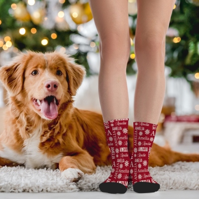 Personalized Name Snowflake Design Crew Socks, Multicolor Adult Socks, Comfort Breathable Unisex Socks, Christmas Gift for Women/Men/Friends/Family