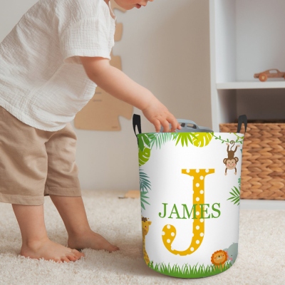 Custom Name & Initial Laundry Basket, Waterproof Fabric Cartoon Animal/Ball Theme Storage Basket for Clothes/Toys, Birthday/Christmas Gift for Kids