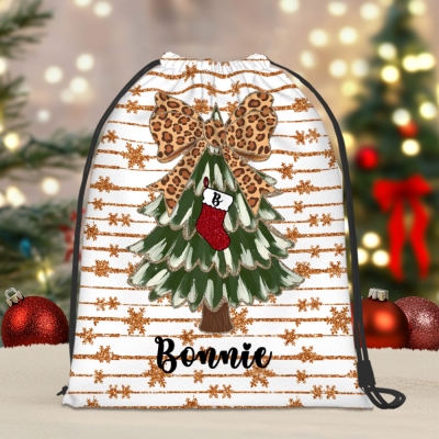 Personalized Coquette Bow Glitter Christmas Tree Design Santa Sack with Name & Initial, Large Capacity Drawstring Backpack, Christmas Gift for Family