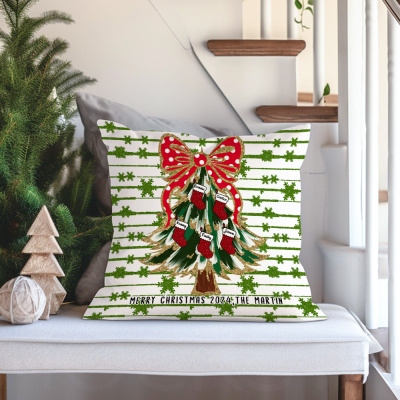 Custom Coquette Bow Faux Glitter Christmas Tree Pillow with Name Stockings, Pillowcase with Optional Insert, Christmas Gift for Mom/Grandma/Family