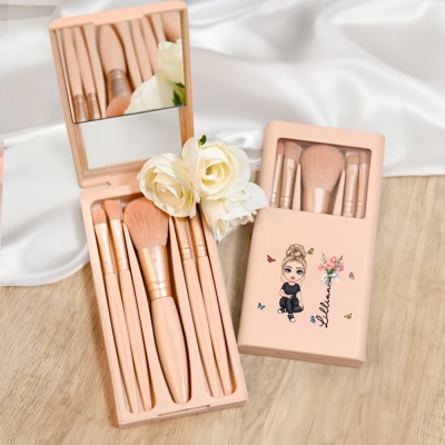 Custom Cartoon Character Makeup Brush Set with Birth Flower and Name, Makeup Brush Organizer with Brushes & Mirror, Birthday/Christmas Gift for Her