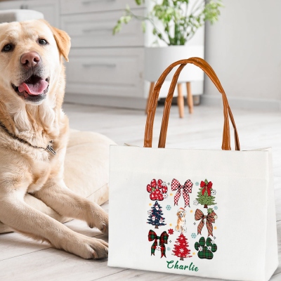 Personalized Name Coquette Bow Hand Drawn Style Christmas Dog Tote Bag, Canvas Bag with Zipper/Magnetic Buckle, Christmas Gift for Dog Lovers/Mom/Her