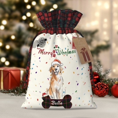 Personalized Name Hand Drawn Dog Portrait Christmas Treat Gift Bag with Drawstring & Card, Christmas Party Decor, Christmas Gift for Dog Lovers