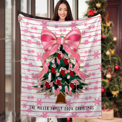 Custom Coquette Bow Faux Glitter Christmas Tree Blanket with Name Stockings, Soft Cozy Throw for Bed Couch, Christmas Gift for Mom/Grandma/Family