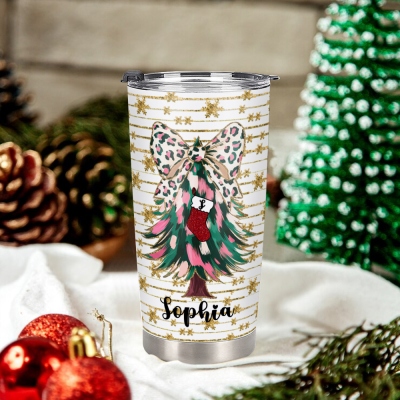 Custom Coquette Bow Faux Glitter Brushstroke Christmas Tree Tumbler, 20oz Stainless Steel Travel Mug with Straw, Christmas Gift for Mom/Grandma/Family