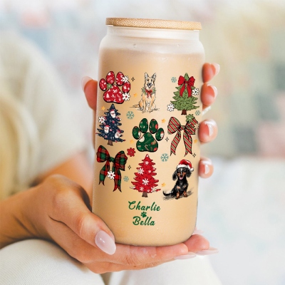 Personalized Name Hand Drawn Christmas Dog Portrait Tumbler, Frosted/Clear Glass Cup with Straw & Bamboo Lid, Christmas Gift for Dog Lovers/Dog Mom