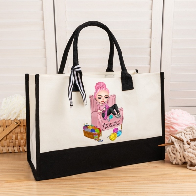 Personalized Cartoon Character Handbag with Name, Custom Crochet Girl Canvas Tote Bag, Birthday/Christmas Gift for Knitting Crocheting Lovers/Her