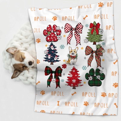 Personalized 1-3 Hand-Drawn Christmas Dogs with Coquette Bow Blanket, Flannel Pet Blanket with Portraits & Names, Christmas Gift for Dog Mom/Dad