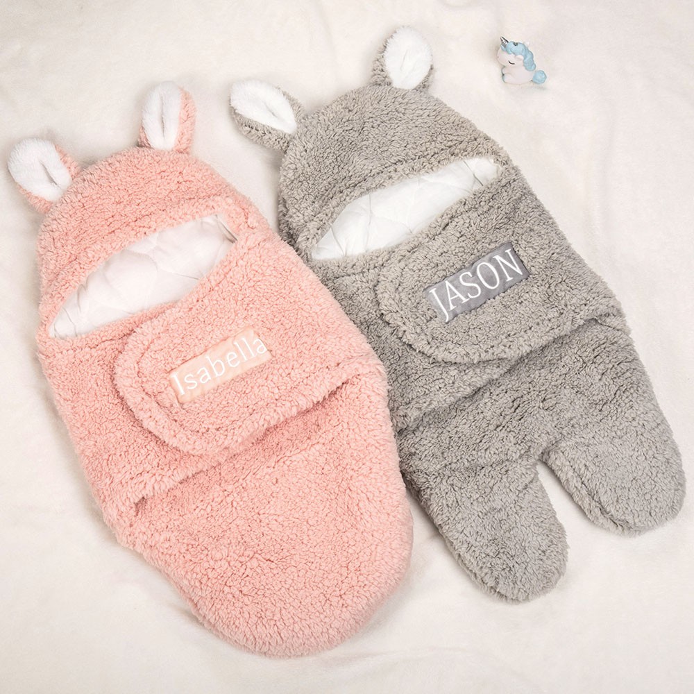 Personalized Name Bunny Baby Swaddle, Infant Sleeping Bag Blanket, Holiday Costume, Baby Shower Gift for Newborn