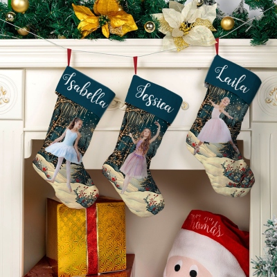 Personalized Ballet Girl Photo Christmas Stocking with Fairyland Background, Custom Name and Picture, Festival Fireplace Hanging Decoration, Christmas Gift for Girls