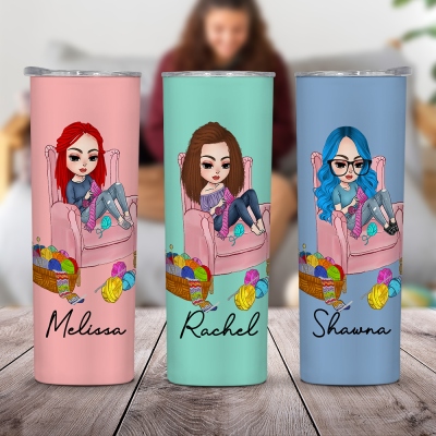 Personalized Name Crochet Girl Tumbler, Stainless Steel 20oz Travel Mug with Straw and Lid, Christmas/Birthday Gift for Crocheting Lovers/Women/Girls