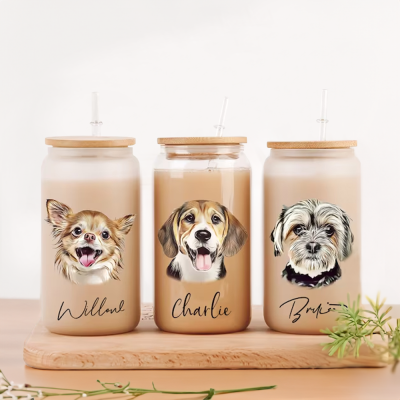 Custom Name Pet Portrait Tumbler, Frosted/Clear Glass Cup with Bamboo Lid & Straw, Cute Coffee Cup, Birthday/Christmas Gift for Dog and Cat Mom/Women