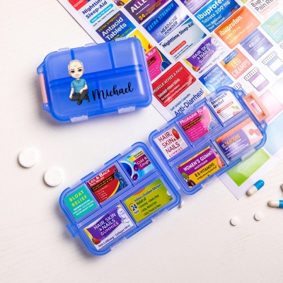 Custom Cartoon Character Portable Pill Box with Name Birth Flower, Pill Organizer with Medication Labels & 10 Compartments, Gift for Family/Friends