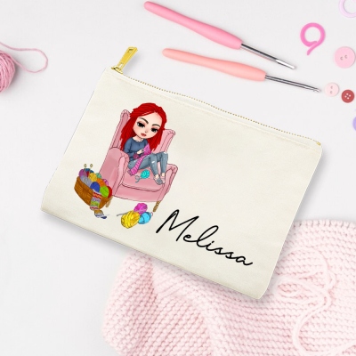 Personalized Name Cartoon Character Storage Bag, Custom Crochet Girl Canvas Bag with Zipper, Birthday/Christmas Gift for Crocheting Lovers/Women/Girls