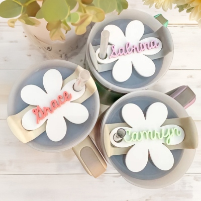 Personalized Daisy Name Plates and Floral Straw Covers Cap for Tumbler 30/40oz, Custom Tumbler Lid Topper, Cup Accessories, Christmas Gift for Her