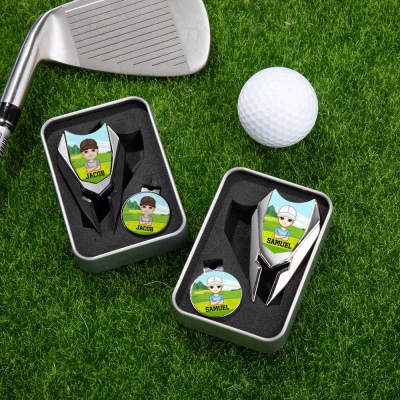 Custom Name Cartoon Character Magnetic Golf Tool Set, Divot Repair Tool & Hat Clip with Case, Golf Accessory, Birthday/Christmas Gift for Golf Lovers