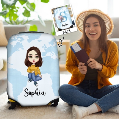 Personalized Cartoon Character Birth Flower Luggage Cover with Name & Initial, Fit for 18-32 Inch, Travel/Birthday/Christmas Gift for Family/Kids