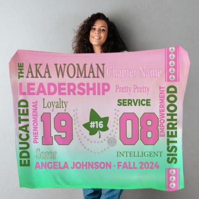 Personalized AKA Woman Pink & Green Blanket, Flannel/Sherpa Sorority Throw, Empowered Sisterhood Keepsake, Birthday/Christmas Gift for Women/Girls