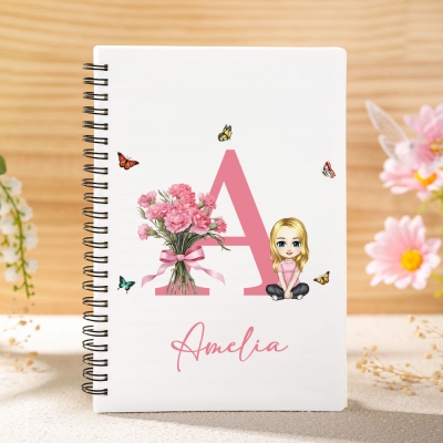 Personalized Cartoon Character Butterfly Notebook with Birth Flower & Name, A5 Spiral Notebook, School Supplies, Birthday/Christmas Gift for Girl/Her