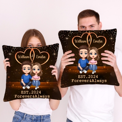 Personalized Double Heart Cartoon Character Couple Pillow, Custom Name & Year Pillow Cover, Home Decor, Anniversary/Valentine's Day Gifts for Couples