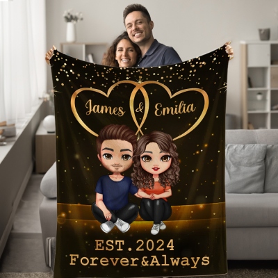 Personalized Double Heart Cartoon Character Blanket, Custom Name Sherpa Fleece Couple Blanket, Anniversary/Valentine's Day Gifts for Couples