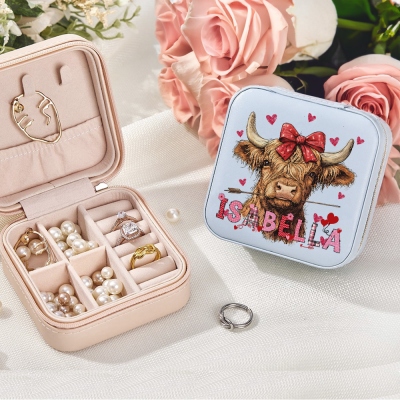 Personalized Name Coquette Bow Highland Cow with Hearts Jewelry Box, PU Leather Travel Jewelry Case, Anniversary/Valentine's Day for Her/Wife/Couple