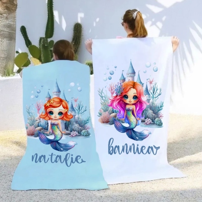 Personalized Cartoon Mermaid Castle Beach Towel with Name, Superfine Fiber Quick Dry Summer Towel, Vacation/Birthday Gifts for Girls/Her