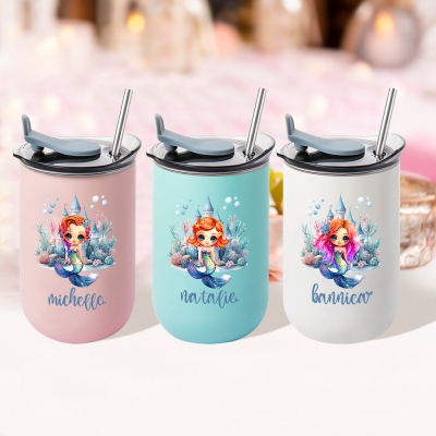 Personalized Name Cartoon Mermaid Castle Travel Mug, 12oz Stainless Steel Tumbler with Straw & Lid, Birthday/Back to School Gift for Girl/Her