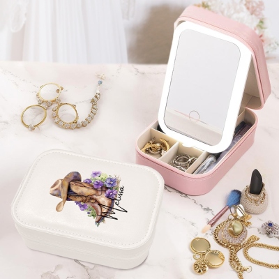 Custom Name Birth Flower Cowgirl Boots Makeup Box with Three-Color Adjustment LED Light Mirror, Travel Jewelry Makeup Box, Gift for Her/Mom/Friends