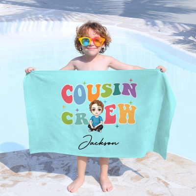 Customized Cartoon Character Cousin Crew Beach Towel with Name, Multicolor Soft Quick Dry Summer Towel, Vacation/Birthday Gifts for Adult/Kid