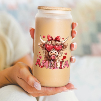 Custom Name Coquette Bow Highland Cow with Hearts Glass Cup, Frosted/Clear 20oz Tumbler with Straw & Bamboo Lid, Valentine's Day Gift for Her/Couple