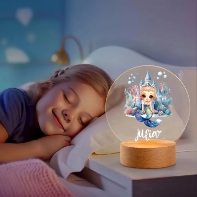 Personalized Cartoon Mermaid Castle Night Light with Name, Acrylic LED Lamp with Wooden Base, Room Decoration, Birthday Gift for Kid/Girl/Her