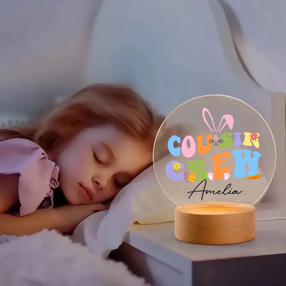 Customizable Easter Cousin Crew Night Light, Personalized LED Lamp with Names and Wooden Base