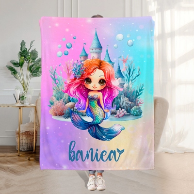 Personalized Cartoon Mermaid Castle Blanket, Custom Name Soft Fleece Sherpa Throw Blanket, Birthday/Housewarming Gift for Family/Adult/Kid